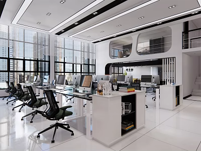 Modern Public Office Space With Large Windows Desks Computers And Black Chairs 3d model