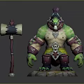 Muscular Green Skinned Fantasy Game Character With Hammer Weapon And Stone Base
