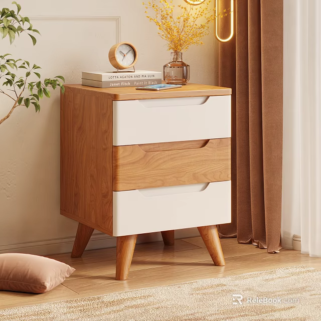Modern Wooden Bedside Table with Three Two Tone Drawers Alarm Clock and Books 3d model 
