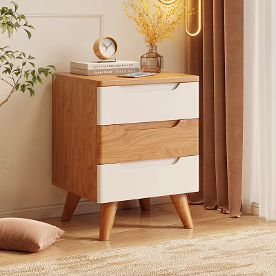 Modern Wooden Bedside Table with Three Two Tone Drawers Alarm Clock and Books 3d model