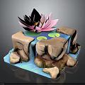 Small Fish Swimming In Pond With Pink Lotus Stone Waterfall And Green Grass