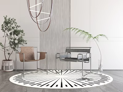 Modern Interior With Accent Chairs Circular Black White Geometric Rug Striped Wall And Green Plants 3d model
