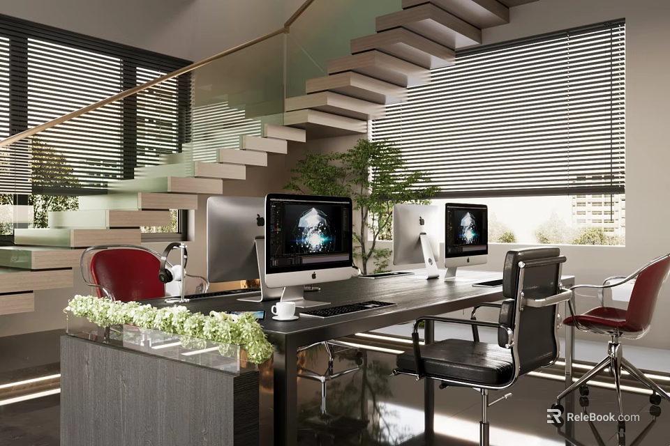 Modern Public Office Space With Work Desks Computers Chairs Green Plants Staircase And Blinds 3d model 