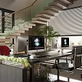 Modern Public Office Space With Work Desks Computers Chairs Green Plants Staircase And Blinds
