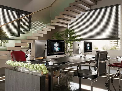 Modern Public Office Space With Work Desks Computers Chairs Green Plants Staircase And Blinds 3d model