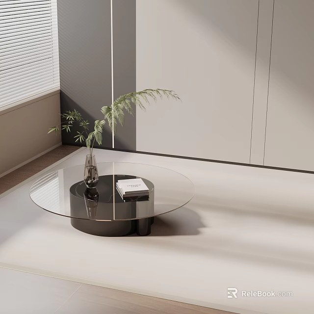 Modern Glass Top Black Base Sofa Coffee Table Set with Green Plant and Book 3d model 