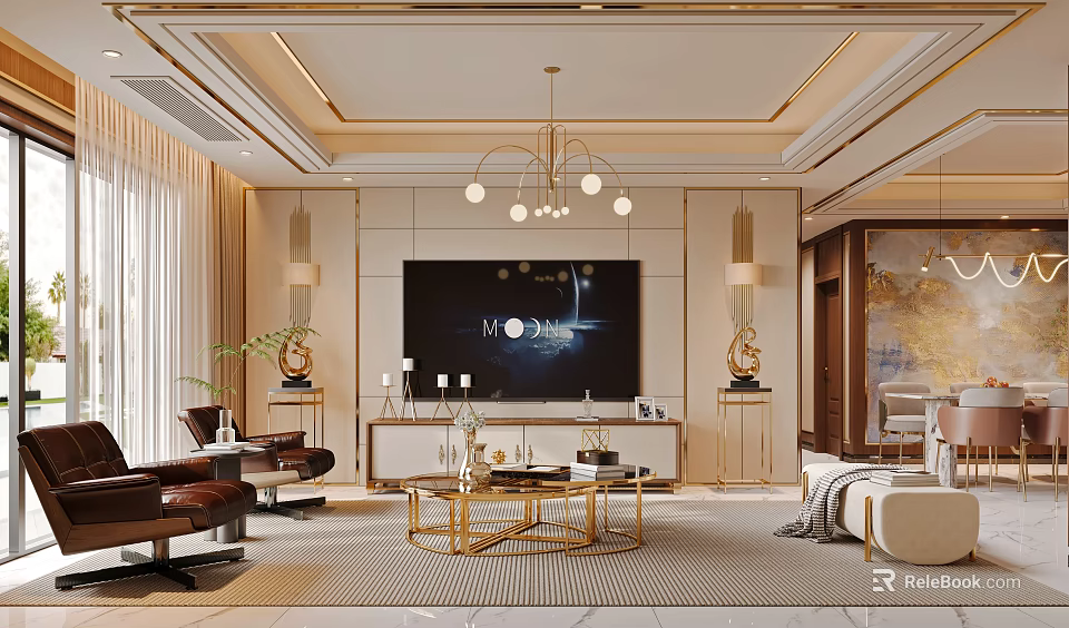 Elegant Modern Living Dining Room Interior With Gold Chandelier Sofa Coffee Table And TV 3d model 