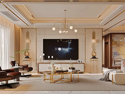 Elegant Modern Living Dining Room Interior With Gold Chandelier Sofa Coffee Table And TV 3d model