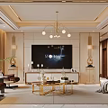 Elegant Modern Living Dining Room Interior With Gold Chandelier Sofa Coffee Table And TV