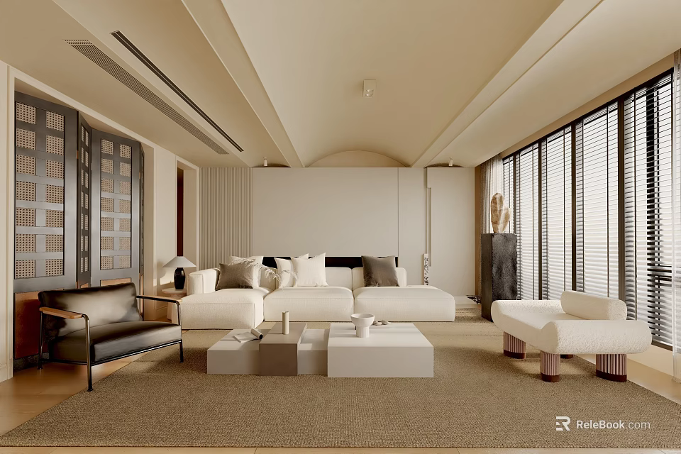 Modern Living Room Interior Design With Neutral Tones Sofa Pillows Area Rug And Large Windows 3d model 