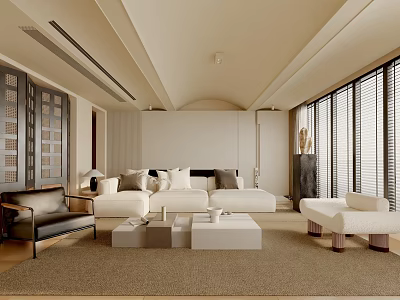 Modern Living Room Interior Design With Neutral Tones Sofa Pillows Area Rug And Large Windows 3d model