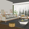 Modern Living Room Interior With Wooden Frame Sofa Yellow Cushions Large Window And Green Plant
