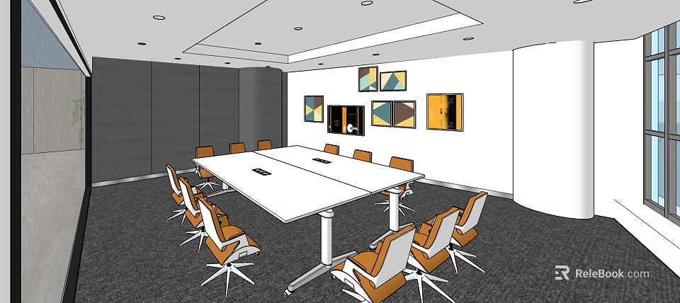 Modern Conference Room With White Table Orange White Chairs And Colorful Abstract Paintings 3d model 