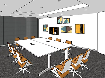 Modern Conference Room With White Table Orange White Chairs And Colorful Abstract Paintings 3d model