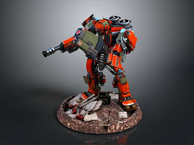 Orange Green Colored Mechanical Robot Featuring Mechanical Arm Standing On Rocky Debris Base 3d model