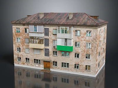 Old Multi Story Apartment Building With Brick Exterior Windows And Green Balconies 3d model