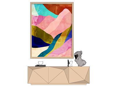 Colorful Abstract Painting Above Geometric Cabinet With Decorative Figurine And Items 3d model