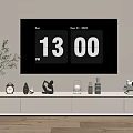Modern White TV Stand With Decorative Items Clock On Beige Wall Wooden Floor