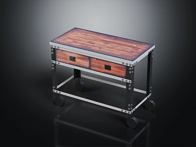 Industrial Style Rolling Cart With Wooden Tabletop Two Drawers And Metal Frame 3d model