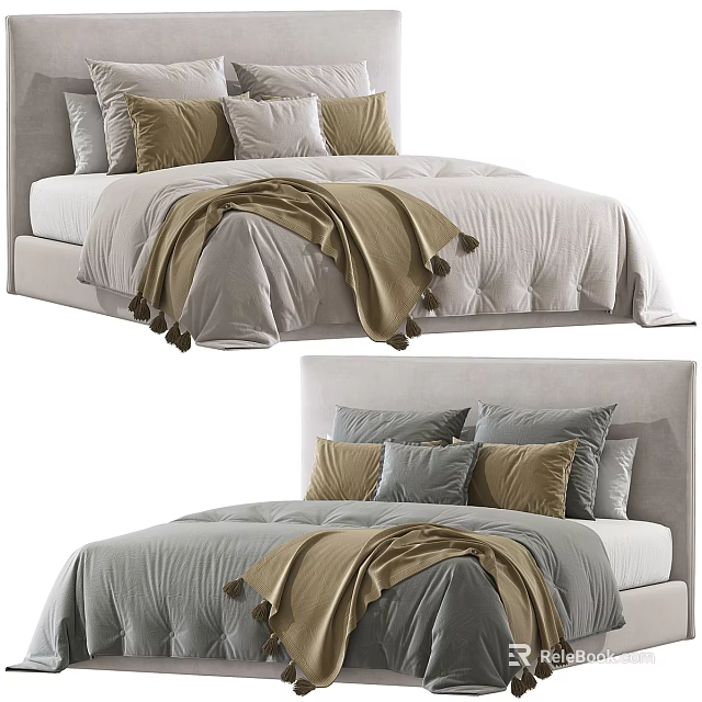 Double Bed Interior With Neutral Headboard Multiple Gray Gold Pillows And Tan Blanket 3d model 