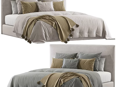 Double Bed Interior With Neutral Headboard Multiple Gray Gold Pillows And Tan Blanket 3d model