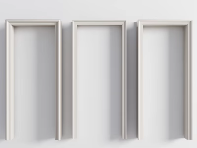 Three White Door Frames Side by Side Hung on Minimalist Wall 3d model