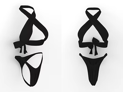 Black Bikini Set With Crisscross Straps Tied Bow And Triangle Bottom 3d model