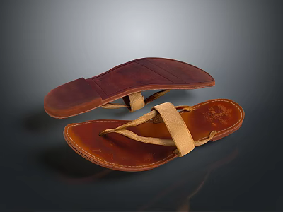 Brown Leather Sandals With Two Straps Simple Design And Comfortable Sole 3d model