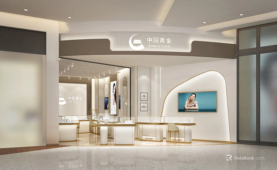 China Gold Modern Jewelry Store With Elegant Display Cases And Bright Interior 3d model 