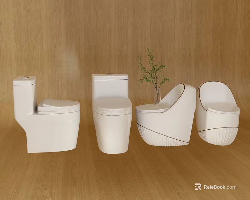 Four Modern White Toilets With Wooden Wall Floor And Small Plant Decor 3d model 