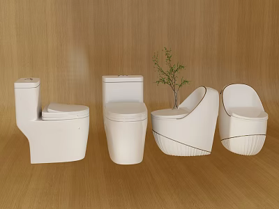 Four Modern White Toilets With Wooden Wall Floor And Small Plant Decor 3d model