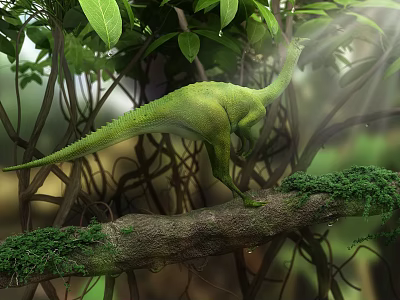 Vibrant Green Reptile Perching On Forest Tree Branch With Moss And Sunlit Leaves 3d model