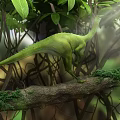 Vibrant Green Reptile Perching On Forest Tree Branch With Moss And Sunlit Leaves