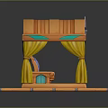 Decorative Pavilion Seat with Orange Striped Roof Yellow Curtains Blue Cushion on Bamboo like Supports