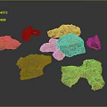 Wooden Stone Pieces with Green and Red Moss Scattered on Dark Background Natural Texture