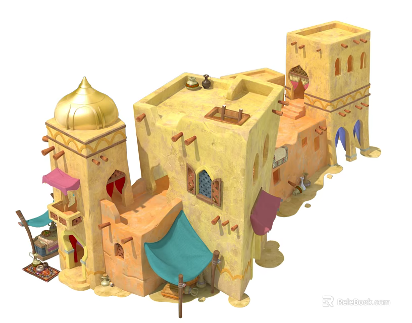Cartoon Scene Of Arabian Style Buildings With Golden Dome And Colorful Awnings 3d model 
