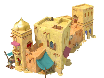Cartoon Scene Of Arabian Style Buildings With Golden Dome And Colorful Awnings 3d model