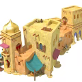 Cartoon Scene Of Arabian Style Buildings With Golden Dome And Colorful Awnings
