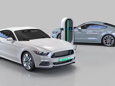 White Electric Cars Parked At Modern EV Charging Station With Charger 3d model