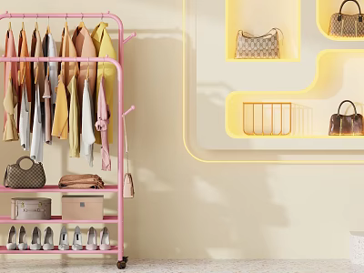 Pink Clothing Rack With Hanging Clothes Yellow Shelf Bags Metal Basket Shoes And Storage Boxes 3d model