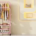 Pink Clothing Rack With Hanging Clothes Yellow Shelf Bags Metal Basket Shoes And Storage Boxes