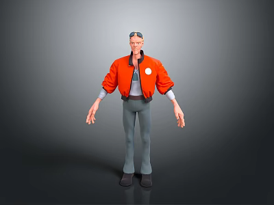 3D Male Character Wearing Red Bomber Jacket Gray Pants And Black Shoes With White Badge 3d model