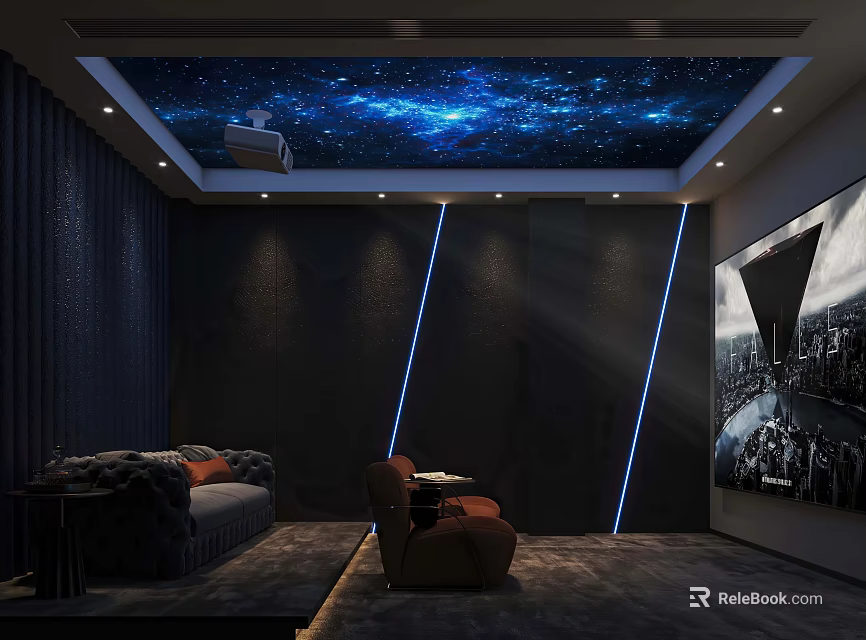 Home Theater Interior Featuring Dark Walls Starry Sky Ceiling Blue Linear Lights Sofa And Armchair 3d model 