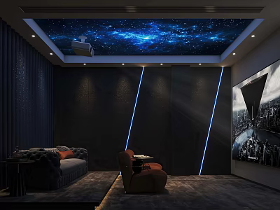 Home Theater Interior Featuring Dark Walls Starry Sky Ceiling Blue Linear Lights Sofa And Armchair 3d model