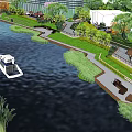 Scenic Waterside Landscape With Walkway Green Trees And Leisure Facilities