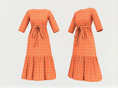 Model In Orange Geometric Pattern Dress With Belt And Three Quarter Sleeves 3d model