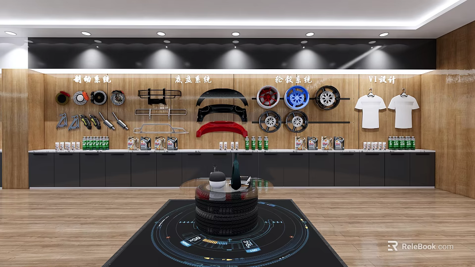 Modern Display Shelves With Car Accessories Tools And Apparel For Retail Shop 3d model 