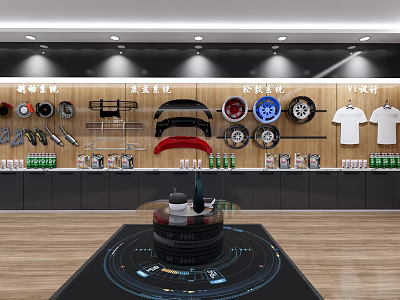 Modern Display Shelves With Car Accessories Tools And Apparel For Retail Shop 3d model