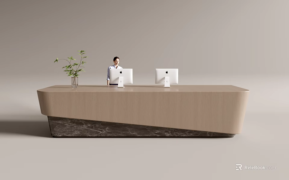 Modern Reception Desk Interior With Receptionist Computers Green Plant Wooden Design And Marble Base 3d model 