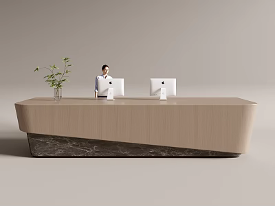 Modern Reception Desk Interior With Receptionist Computers Green Plant Wooden Design And Marble Base 3d model